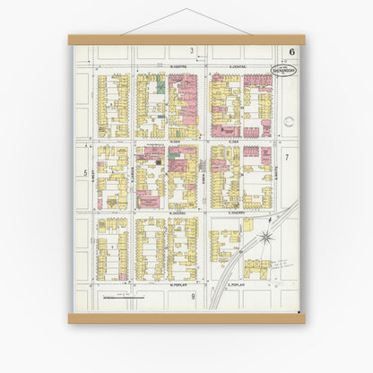 Old map wall art mockup — magnetic wood frame on white wall — Sanborn Fire Insurance Map from Shenandoah, Schuylkill County, Pennsylvania (1902), Sheet #0006