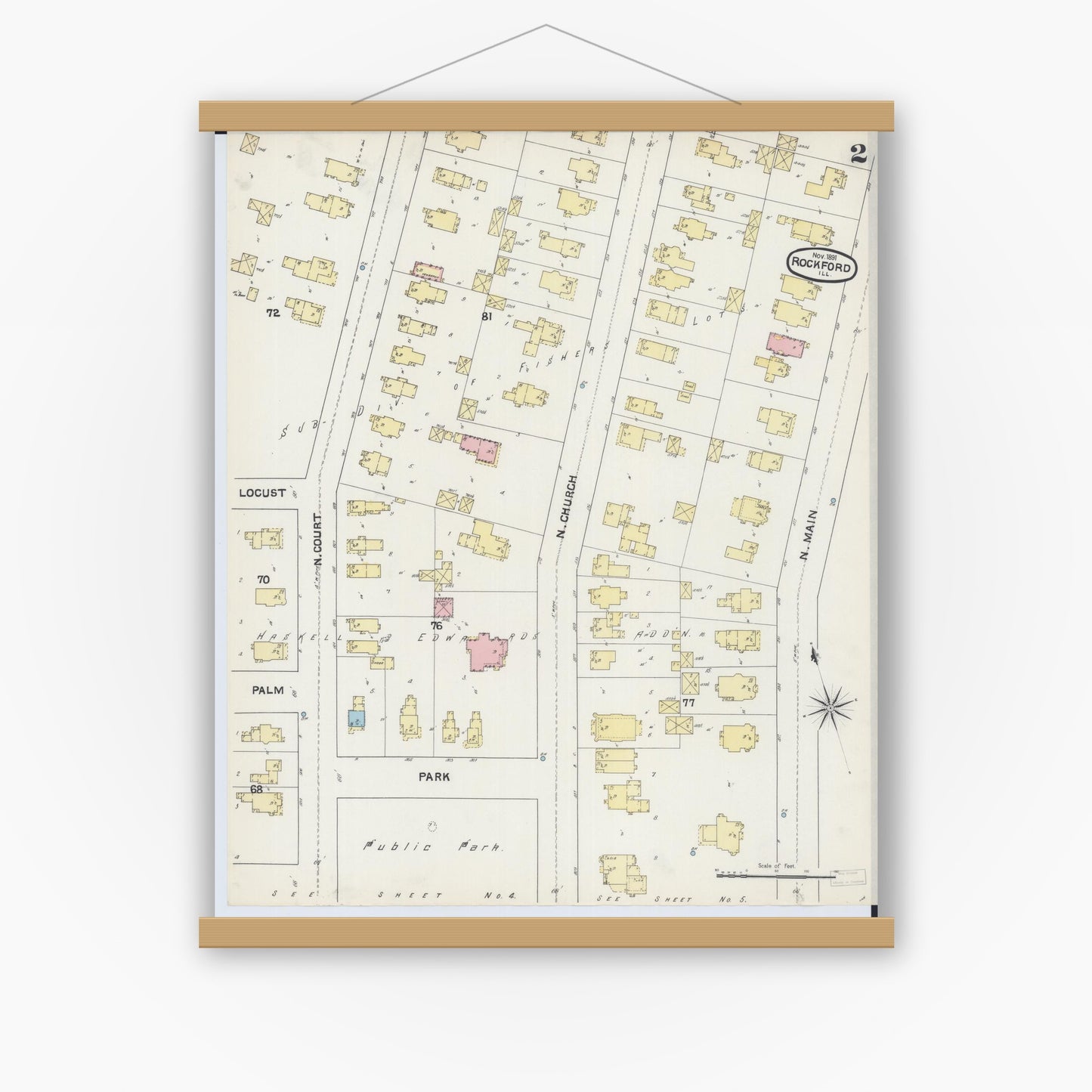 Old map wall art mockup — magnetic wood frame on white wall — Sanborn Fire Insurance Map from Rockford, Winnebago County, Illinois (1891), Sheet #0002