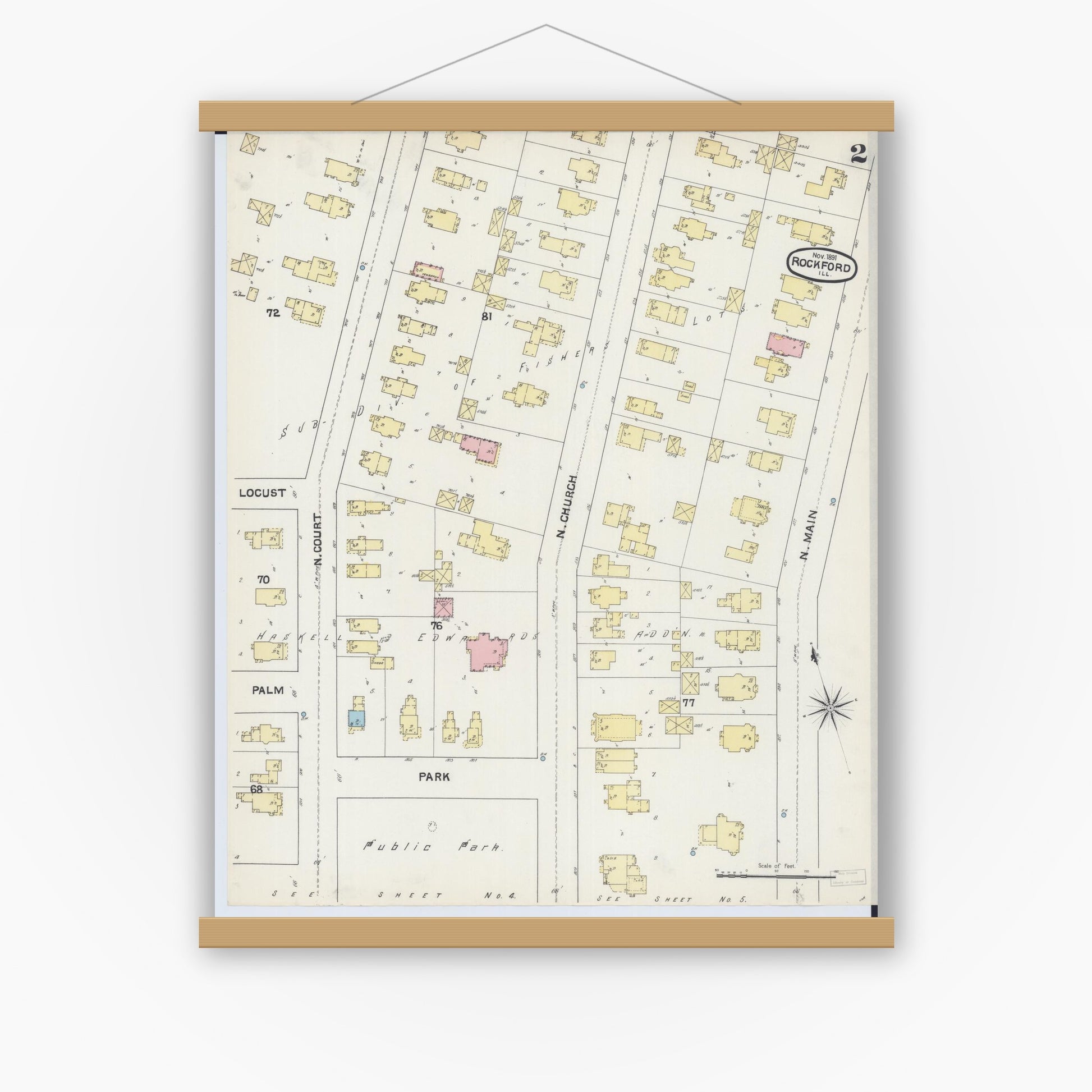 Old map wall art mockup — magnetic wood frame on white wall — Sanborn Fire Insurance Map from Rockford, Winnebago County, Illinois (1891), Sheet #0002