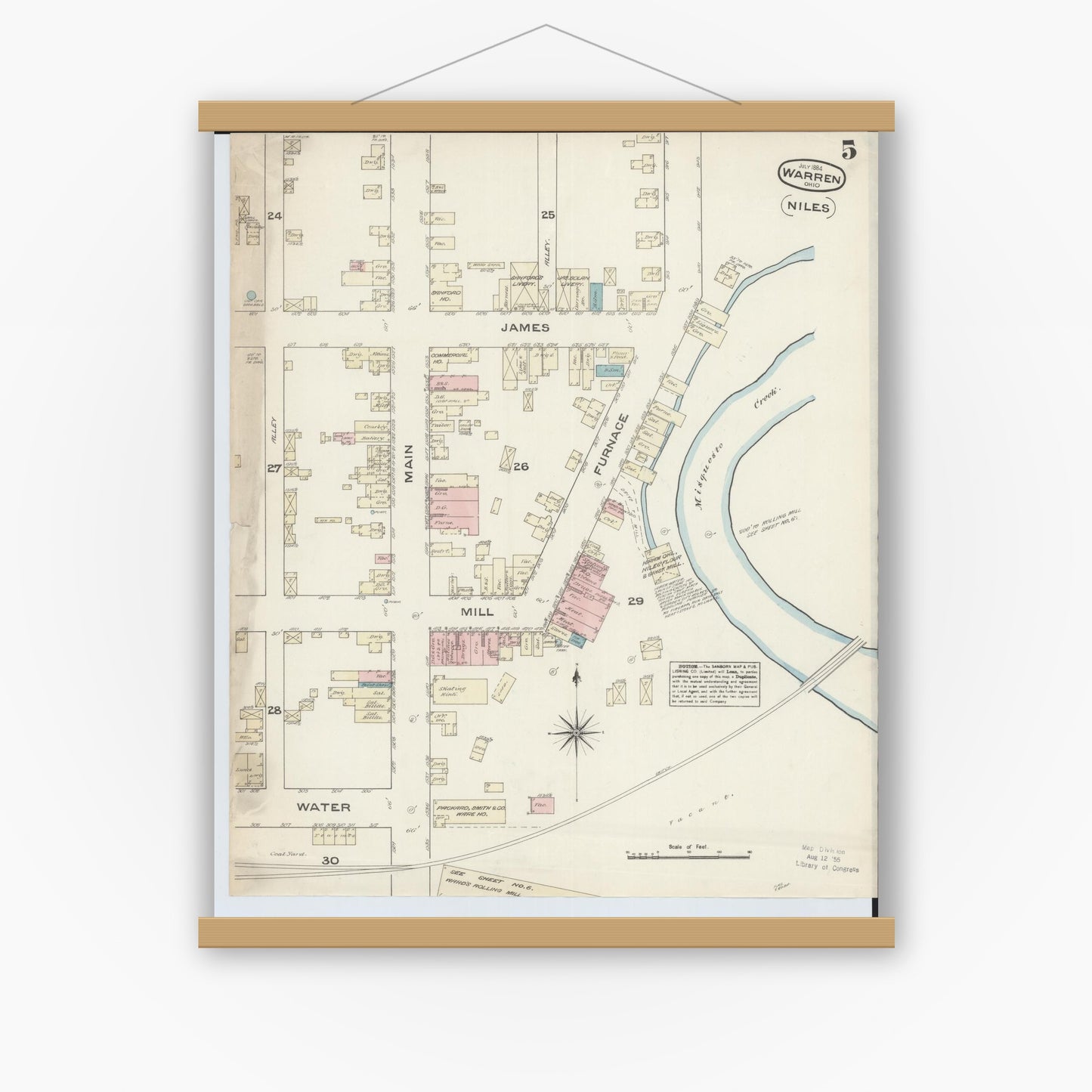 Old map wall art mockup — magnetic wood frame on white wall — Sanborn Fire Insurance Map from Warren, Trumbull County, Ohio (1884), Sheet #0005