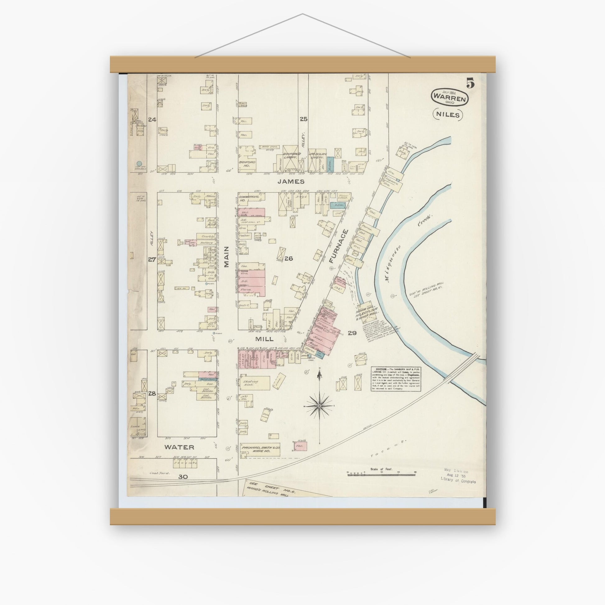 Old map wall art mockup — magnetic wood frame on white wall — Sanborn Fire Insurance Map from Warren, Trumbull County, Ohio (1884), Sheet #0005