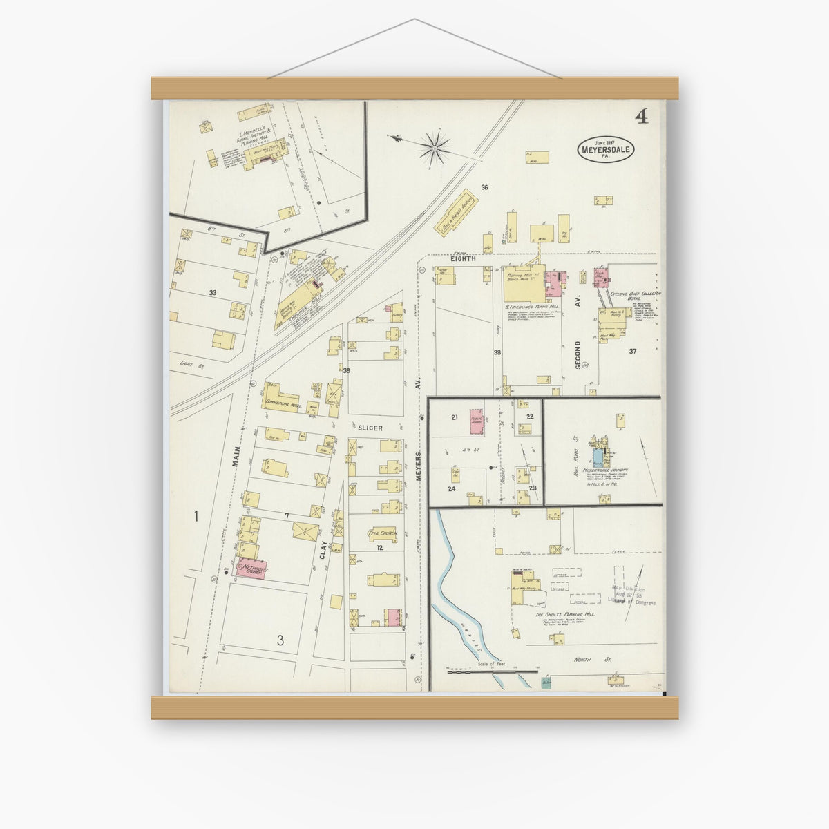 Old map wall art mockup — magnetic wood frame on white wall — Sanborn Fire Insurance Map from Meyersdale, Somerset County, Pennsylvania (1897), Sheet #0004