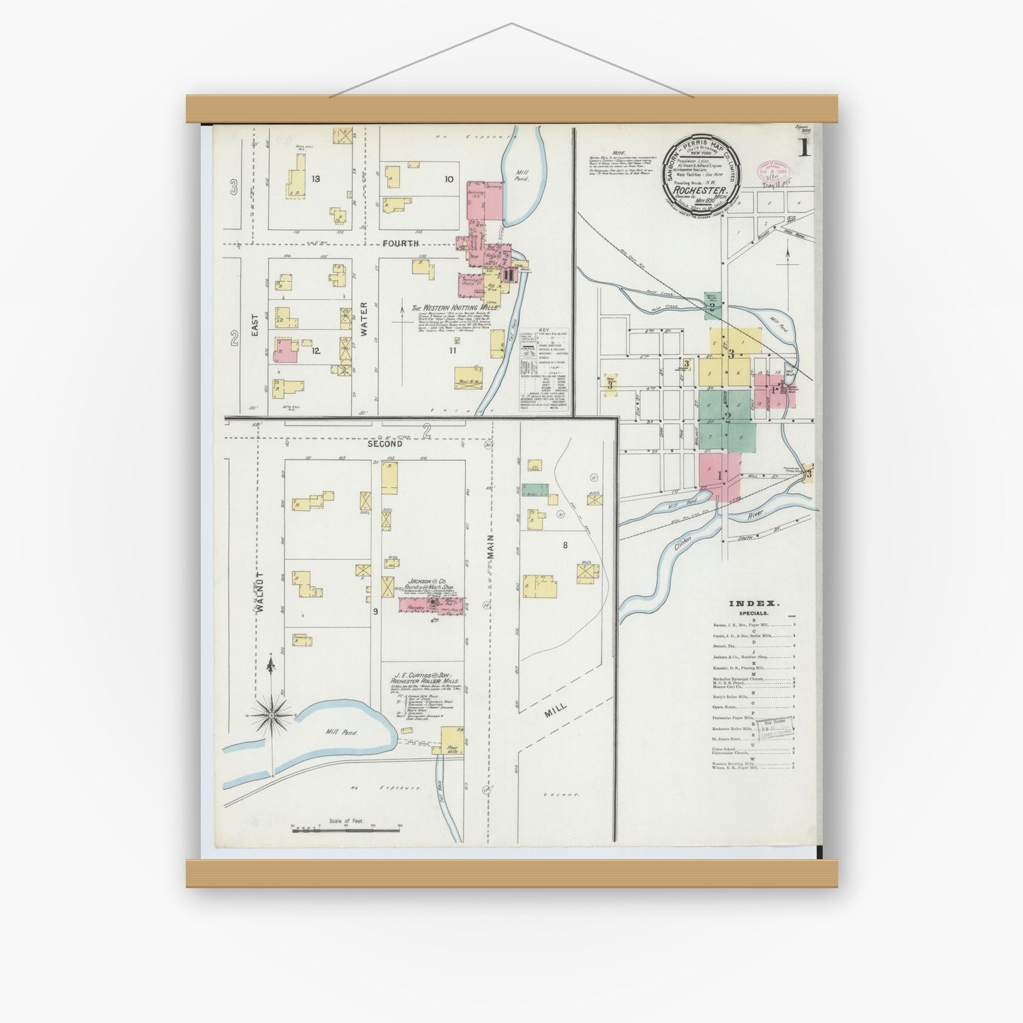 Old map wall art mockup — magnetic wood frame on white wall — Sanborn Fire Insurance Map from Rochester, Oakland County, Michigan (1895) - Complete Map Set