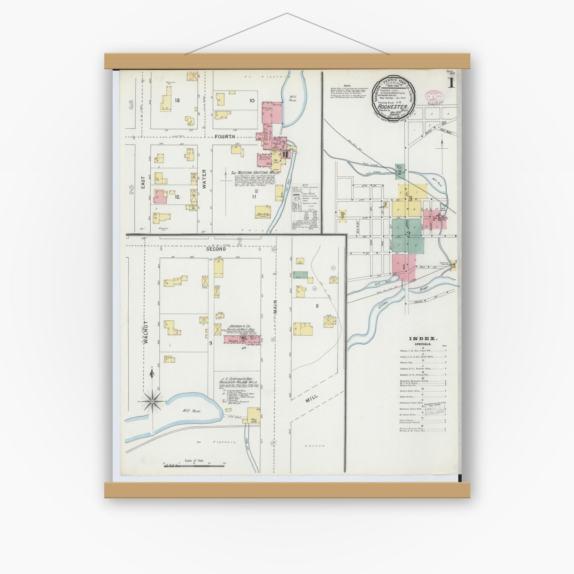 Old map wall art mockup — magnetic wood frame on white wall — Sanborn Fire Insurance Map from Rochester, Oakland County, Michigan (1895) - Complete Map Set