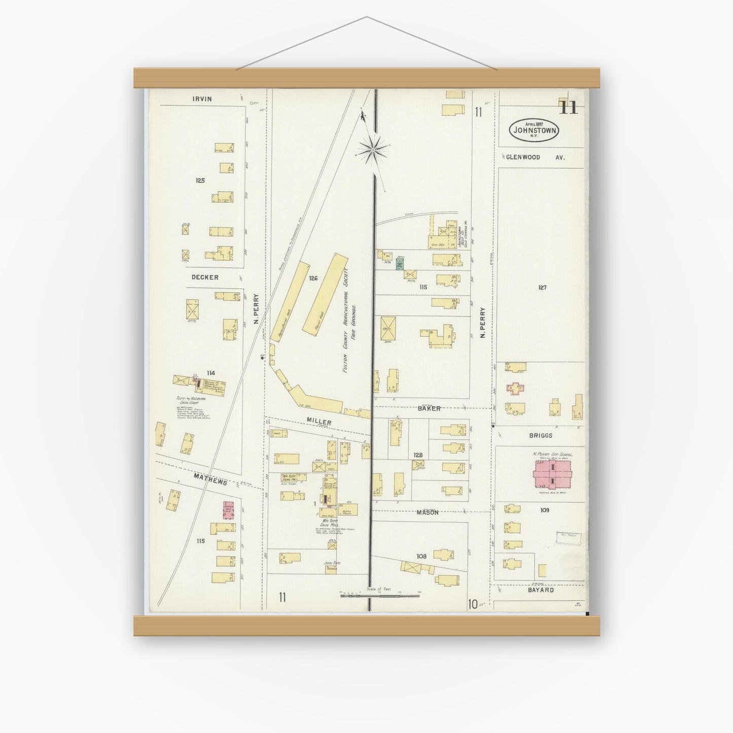 Old map wall art mockup — magnetic wood frame on white wall — Sanborn Fire Insurance Map from Johnstown, Fulton County, New York (1897), Sheet #0011