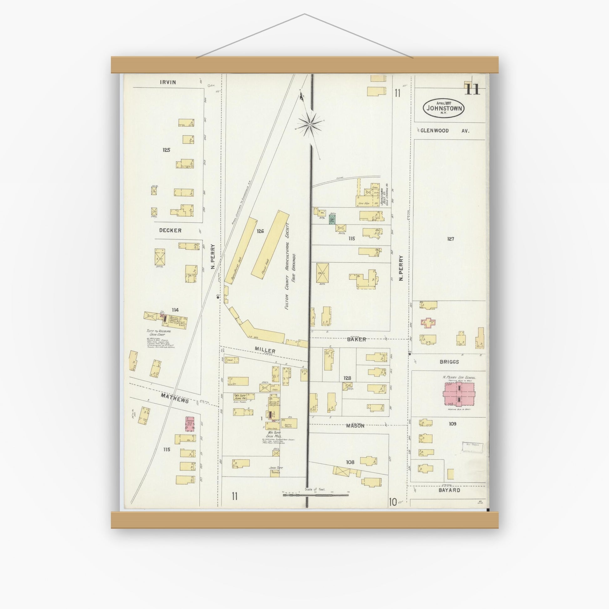Old map wall art mockup — magnetic wood frame on white wall — Sanborn Fire Insurance Map from Johnstown, Fulton County, New York (1897), Sheet #0011