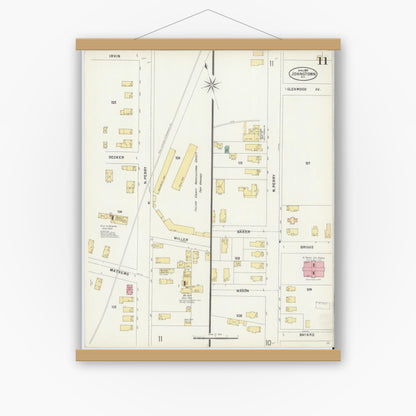 Old map wall art mockup — magnetic wood frame on white wall — Sanborn Fire Insurance Map from Johnstown, Fulton County, New York (1897), Sheet #0011