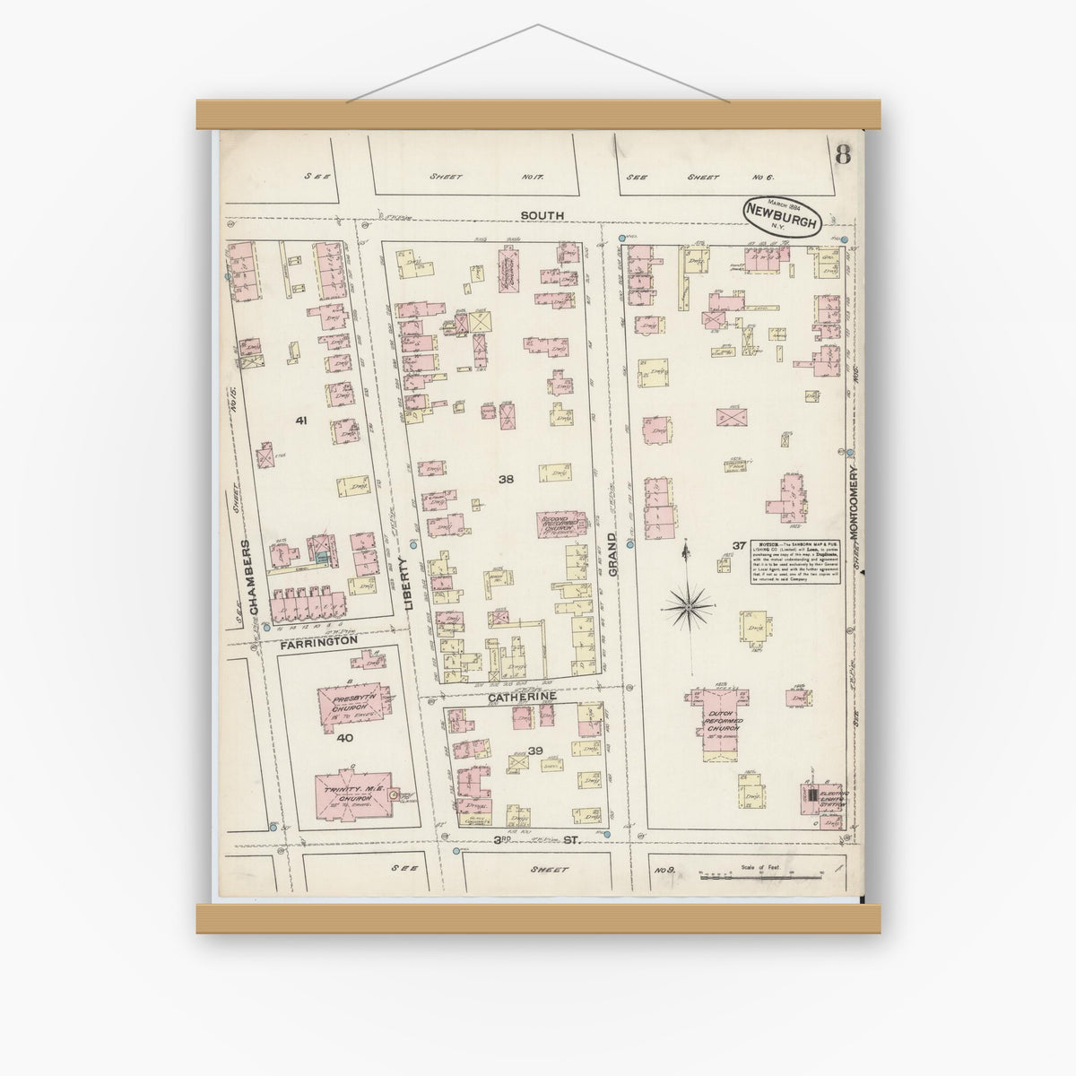 Old map wall art mockup — magnetic wood frame on white wall — Sanborn Fire Insurance Map from Newburgh, Orange County, New York (1884), Sheet #0008