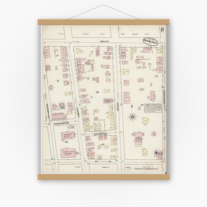 Old map wall art mockup — magnetic wood frame on white wall — Sanborn Fire Insurance Map from Newburgh, Orange County, New York (1884), Sheet #0008