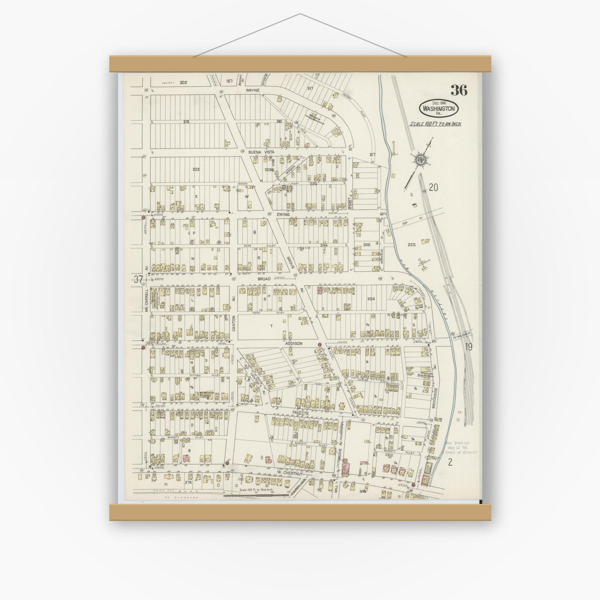 Old map wall art mockup — magnetic wood frame on white wall — Sanborn Fire Insurance Map from Washington, Washington County, Pennsylvania (1914), Sheet #0036