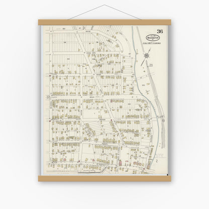 Old map wall art mockup — magnetic wood frame on white wall — Sanborn Fire Insurance Map from Washington, Washington County, Pennsylvania (1914), Sheet #0036