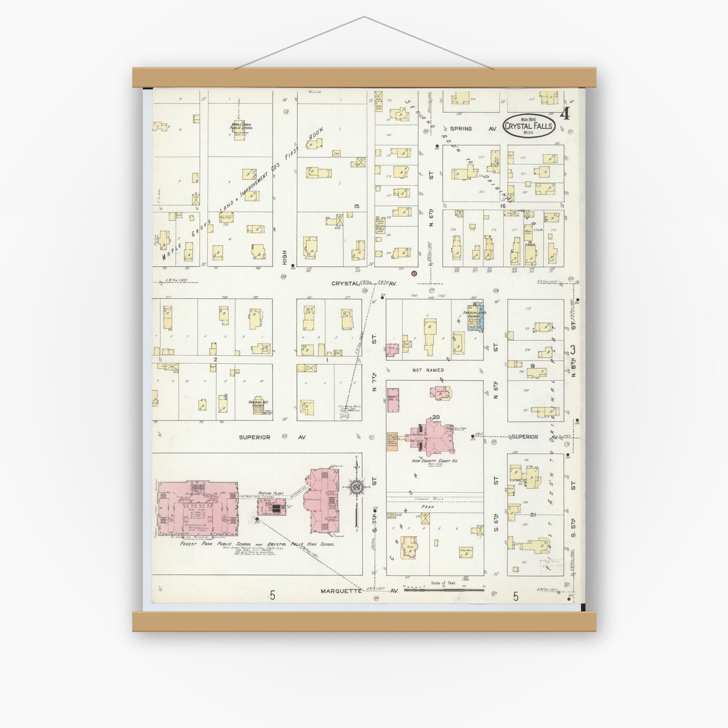 Old map wall art mockup — magnetic wood frame on white wall — Sanborn Fire Insurance Map from Crystal Falls, Iron County, Michigan (1914), Sheet #0004