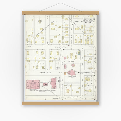 Old map wall art mockup — magnetic wood frame on white wall — Sanborn Fire Insurance Map from Crystal Falls, Iron County, Michigan (1914), Sheet #0004