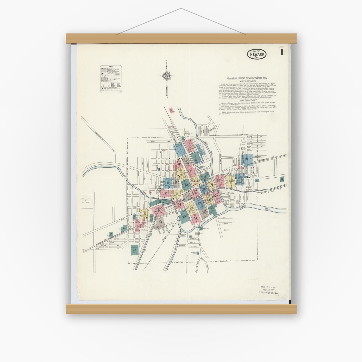 Old map wall art mockup — magnetic wood frame on white wall — Sanborn Fire Insurance Map from Newark, Licking County, Ohio (1912), Sheet #0001