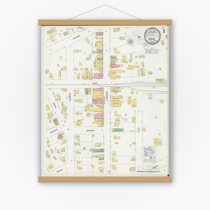 Old map wall art mockup — magnetic wood frame on white wall — Sanborn Fire Insurance Map from Bangor, Van Buren County, Michigan (1899), Sheet #0001