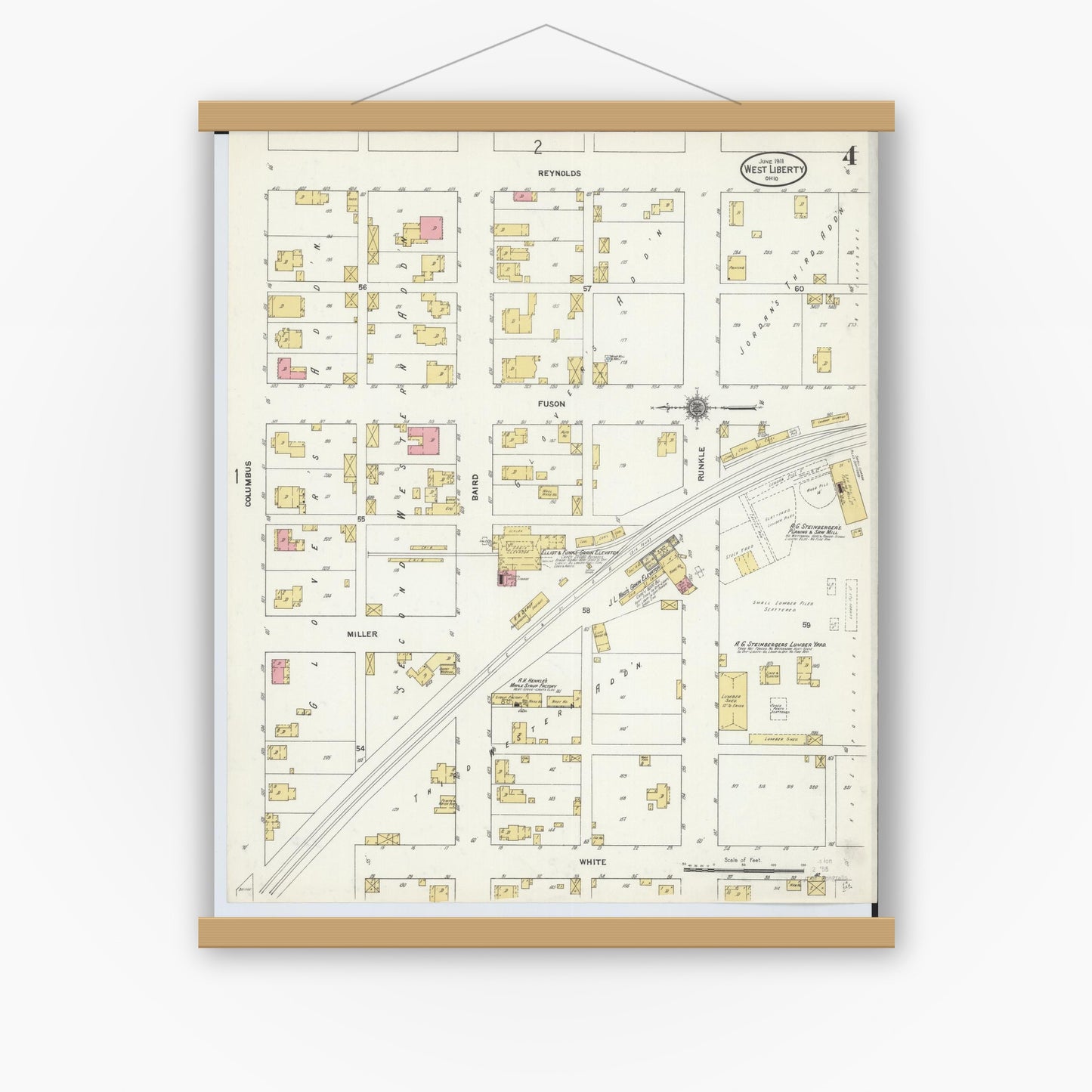 Old map wall art mockup — magnetic wood frame on white wall — Sanborn Fire Insurance Map from West Liberty, Logan County, Ohio (1911), Sheet #0004