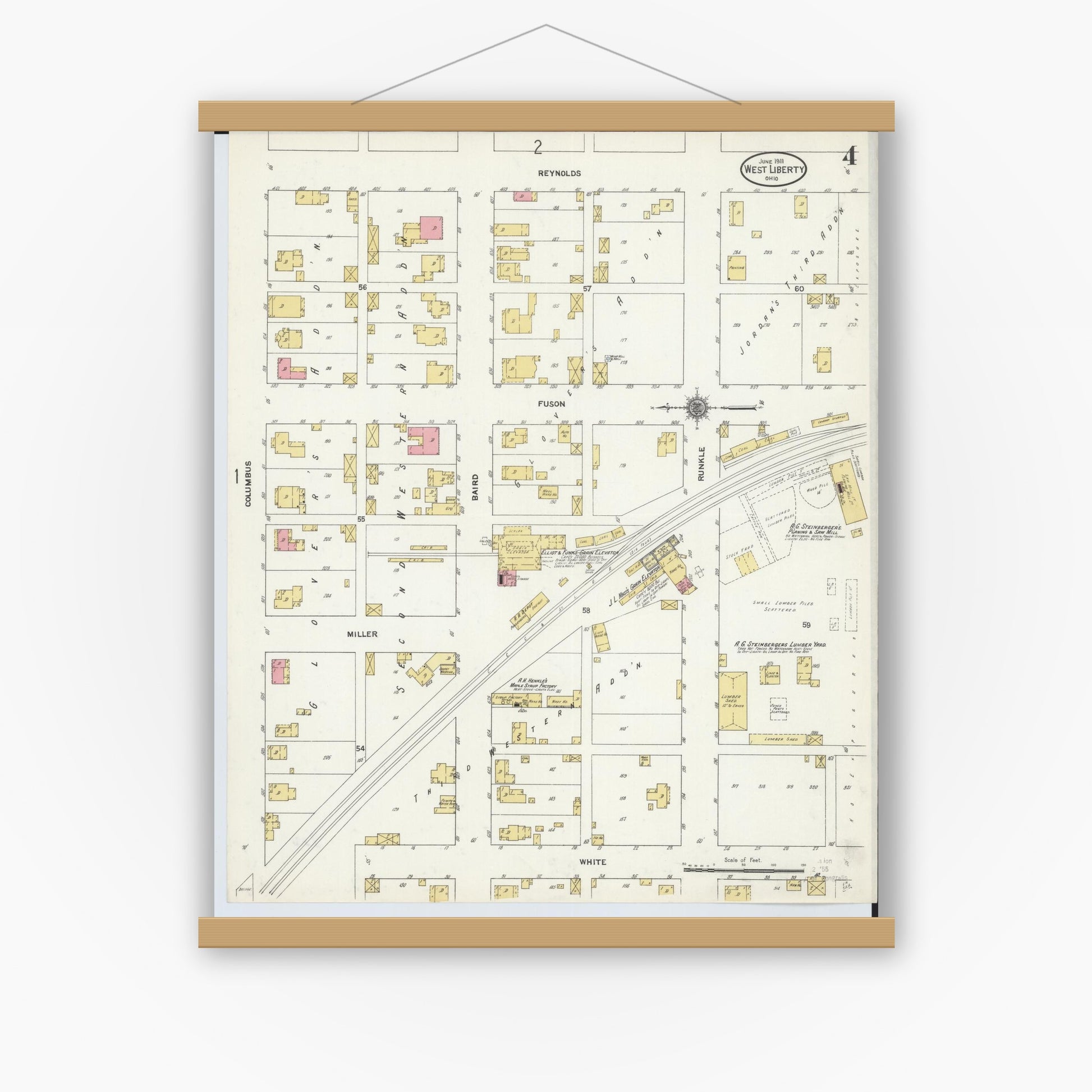 Old map wall art mockup — magnetic wood frame on white wall — Sanborn Fire Insurance Map from West Liberty, Logan County, Ohio (1911), Sheet #0004