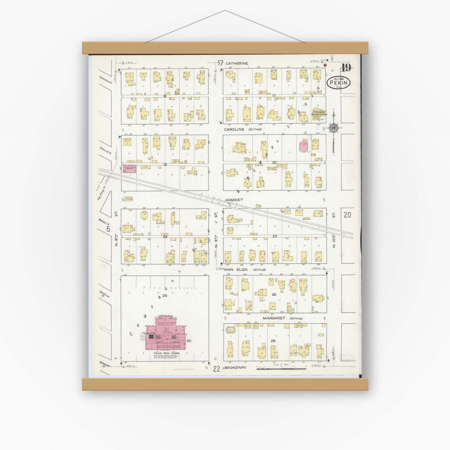 Old map wall art mockup — magnetic wood frame on white wall — Sanborn Fire Insurance Map from Pekin, Tazewell County, Illinois (1916), Sheet #0019