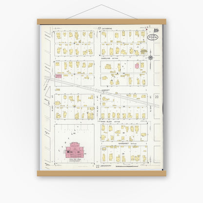 Old map wall art mockup — magnetic wood frame on white wall — Sanborn Fire Insurance Map from Pekin, Tazewell County, Illinois (1916), Sheet #0019