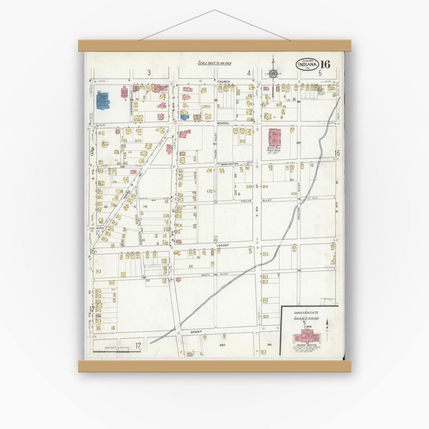Old map wall art mockup — magnetic wood frame on white wall — Sanborn Fire Insurance Map from Indiana, Indiana County, Pennsylvania (1916), Sheet #0016