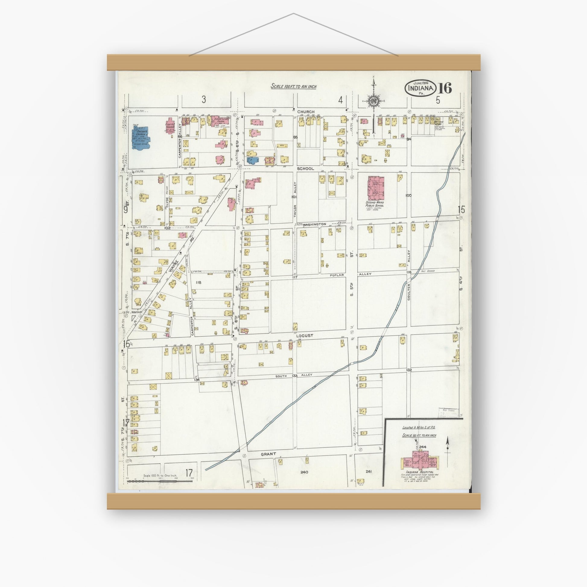 Old map wall art mockup — magnetic wood frame on white wall — Sanborn Fire Insurance Map from Indiana, Indiana County, Pennsylvania (1916), Sheet #0016