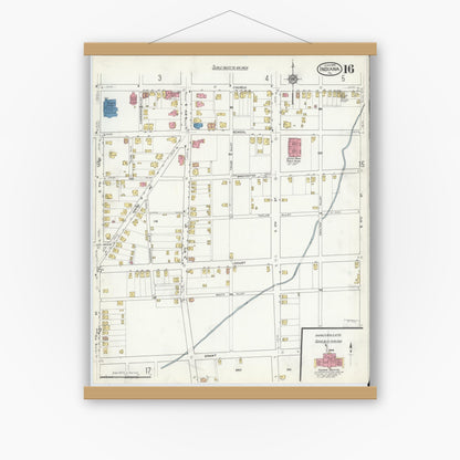 Old map wall art mockup — magnetic wood frame on white wall — Sanborn Fire Insurance Map from Indiana, Indiana County, Pennsylvania (1916), Sheet #0016