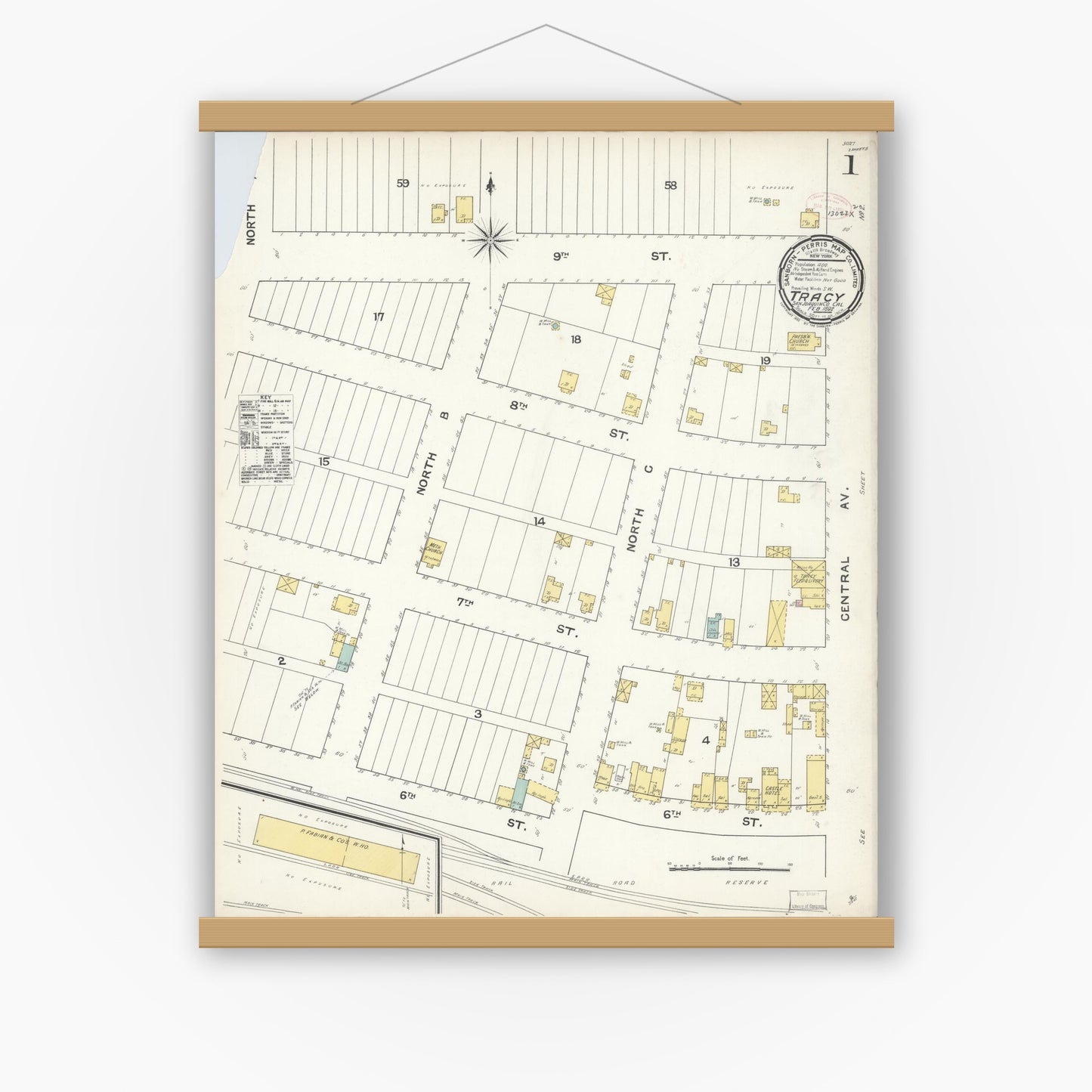 Old map wall art mockup — magnetic wood frame on white wall — Sanborn Fire Insurance Map from Tracy, San Joaquin County, California (1892) - Complete Map Set