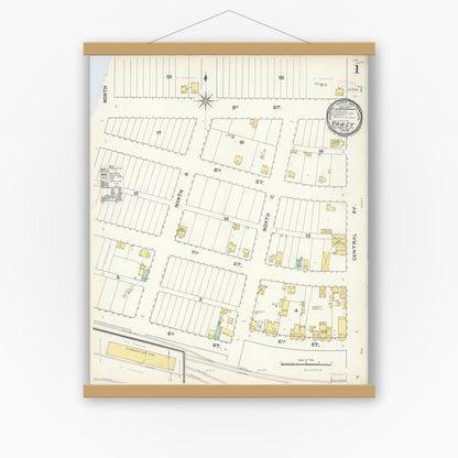 Old map wall art mockup — magnetic wood frame on white wall — Sanborn Fire Insurance Map from Tracy, San Joaquin County, California (1892) - Complete Map Set