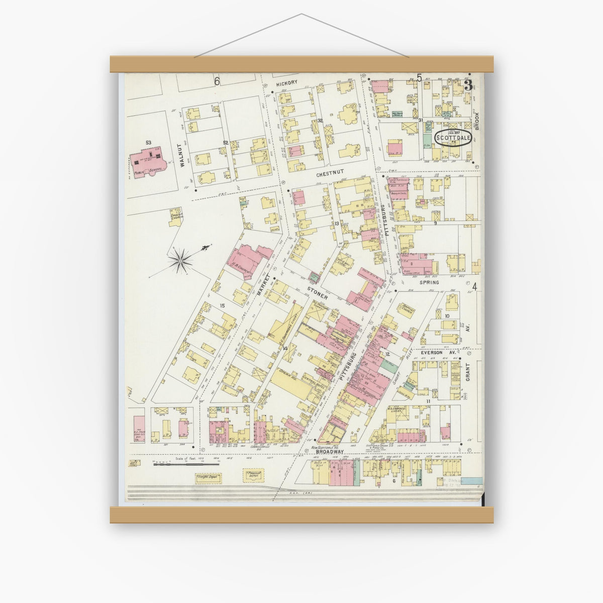 Old map wall art mockup — magnetic wood frame on white wall — Sanborn Fire Insurance Map from Scottdale, Westmoreland County, Pennsylvania (1897), Sheet #0003