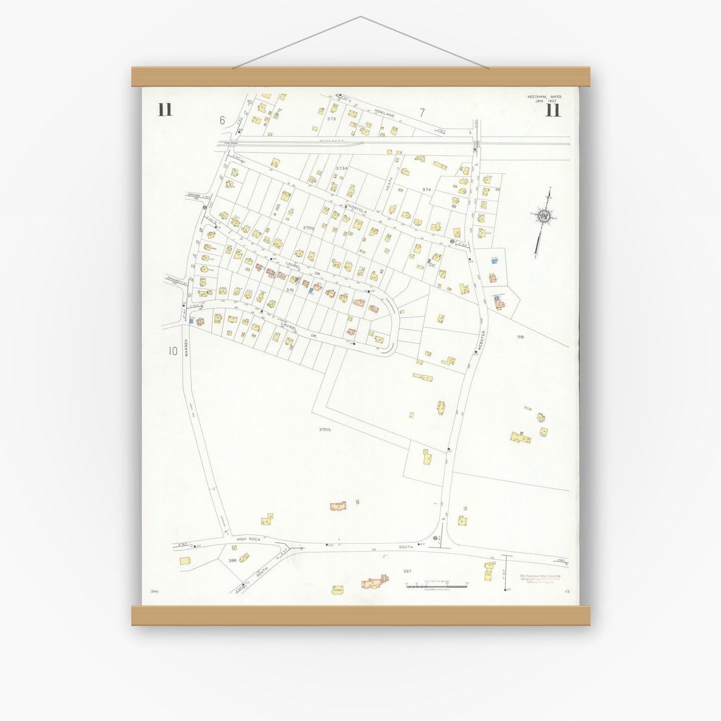 Old map wall art mockup — magnetic wood frame on white wall — Sanborn Fire Insurance Map from Needham, Norfolk County, Massachusetts (1937), Sheet #0011