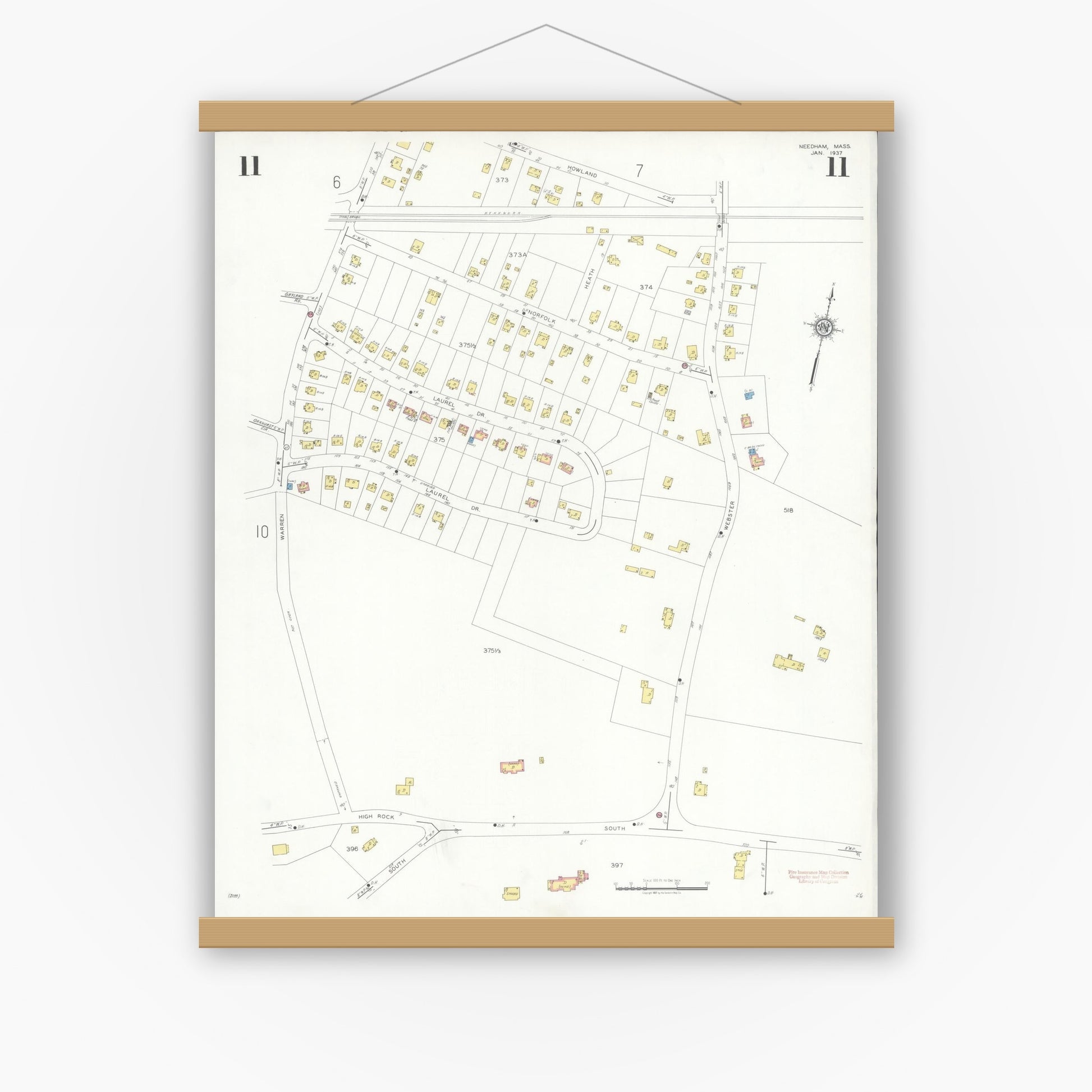 Old map wall art mockup — magnetic wood frame on white wall — Sanborn Fire Insurance Map from Needham, Norfolk County, Massachusetts (1937), Sheet #0011