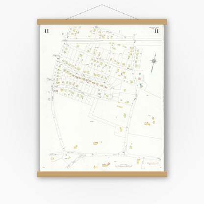 Old map wall art mockup — magnetic wood frame on white wall — Sanborn Fire Insurance Map from Needham, Norfolk County, Massachusetts (1937), Sheet #0011