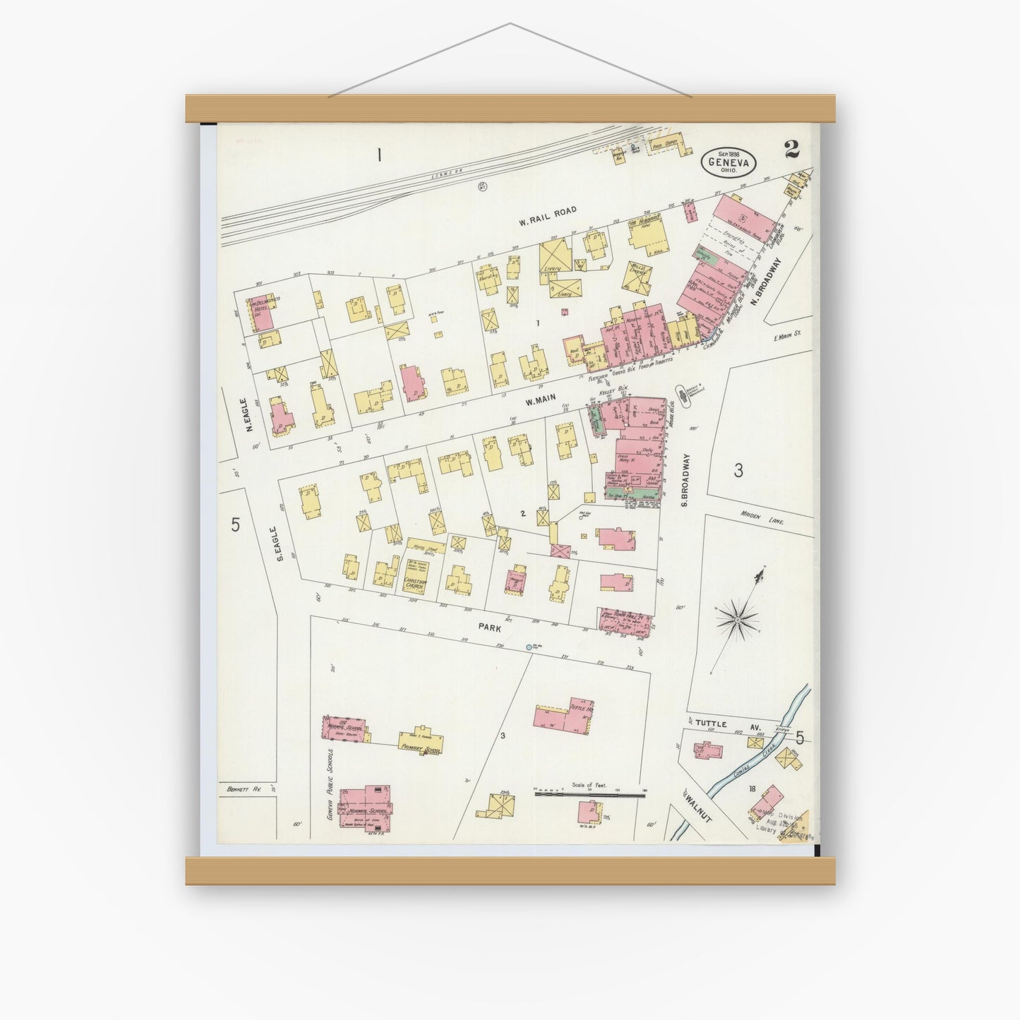 Old map wall art mockup — magnetic wood frame on white wall — Sanborn Fire Insurance Map from Geneva, Ashtabula County, Ohio (1898), Sheet #0002
