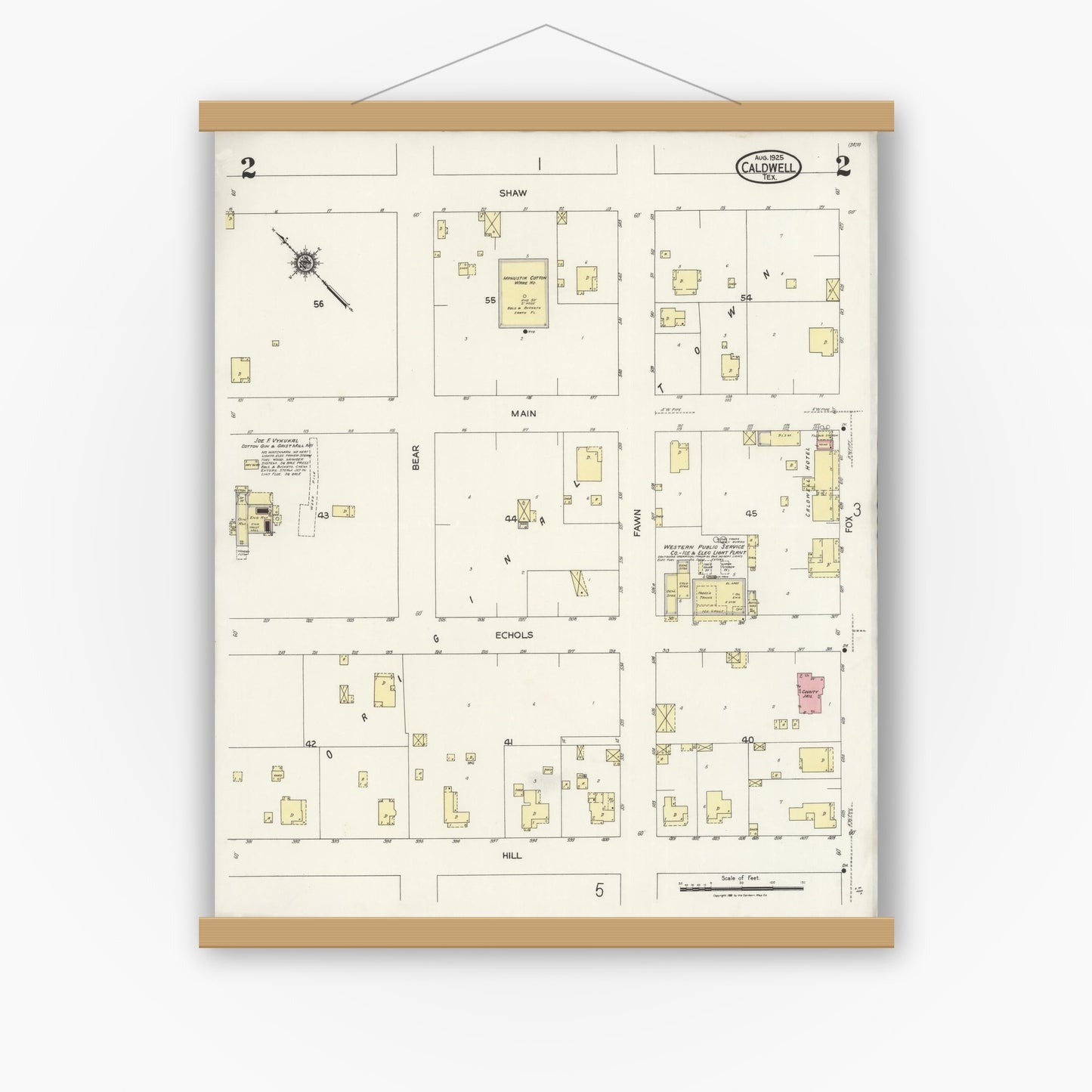 Old map wall art mockup — magnetic wood frame on white wall — Sanborn Fire Insurance Map from Caldwell, Burleson County, Texas (1925), Sheet #0002