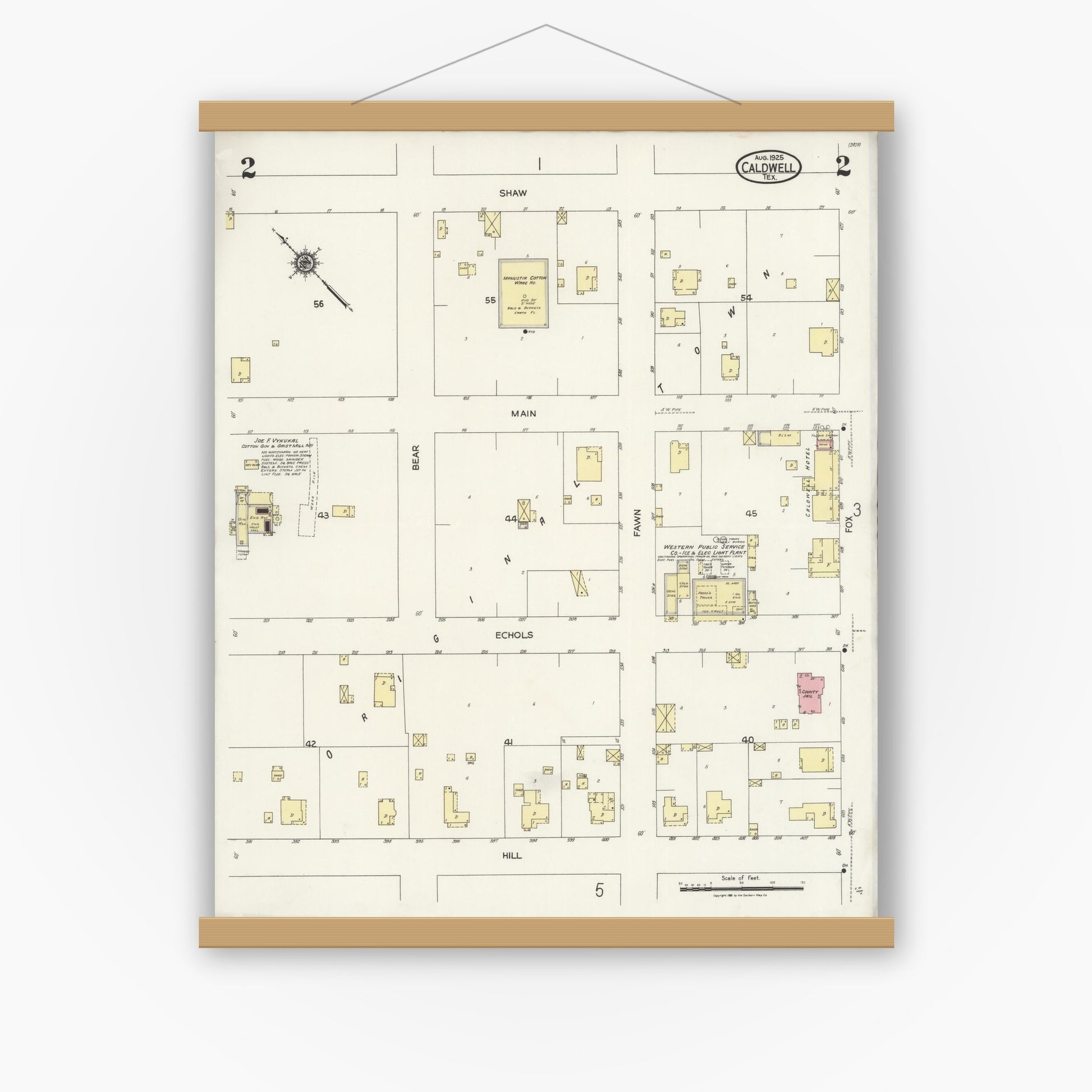 Old map wall art mockup — magnetic wood frame on white wall — Sanborn Fire Insurance Map from Caldwell, Burleson County, Texas (1925), Sheet #0002