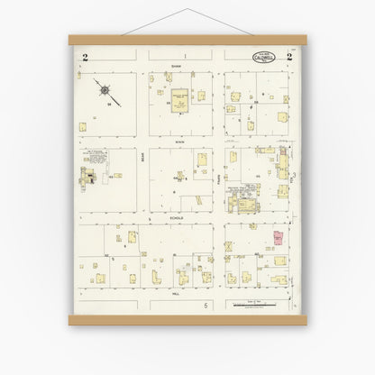 Old map wall art mockup — magnetic wood frame on white wall — Sanborn Fire Insurance Map from Caldwell, Burleson County, Texas (1925), Sheet #0002