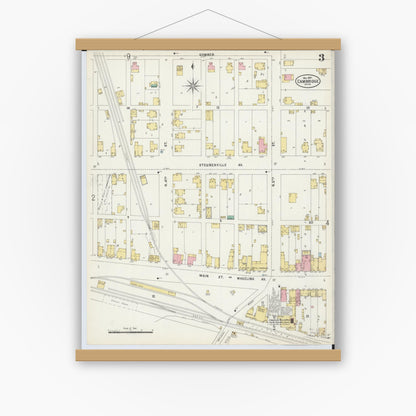 Old map wall art mockup — magnetic wood frame on white wall — Sanborn Fire Insurance Map from Cambridge, Guernsey County, Ohio (1897), Sheet #0003