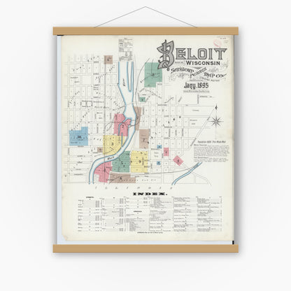 Old map wall art mockup — magnetic wood frame on white wall — Sanborn Fire Insurance Map from Beloit, Rock County, Wisconsin (1895) - Complete Map Set