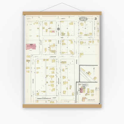 Old map wall art mockup — magnetic wood frame on white wall — Sanborn Fire Insurance Map from New Lisbon, Juneau County, Wisconsin (1916), Sheet #0003