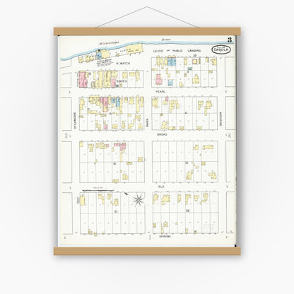 Old map wall art mockup — magnetic wood frame on white wall — Sanborn Fire Insurance Map from Sabula, Jackson County, Iowa (1893), Sheet #0003