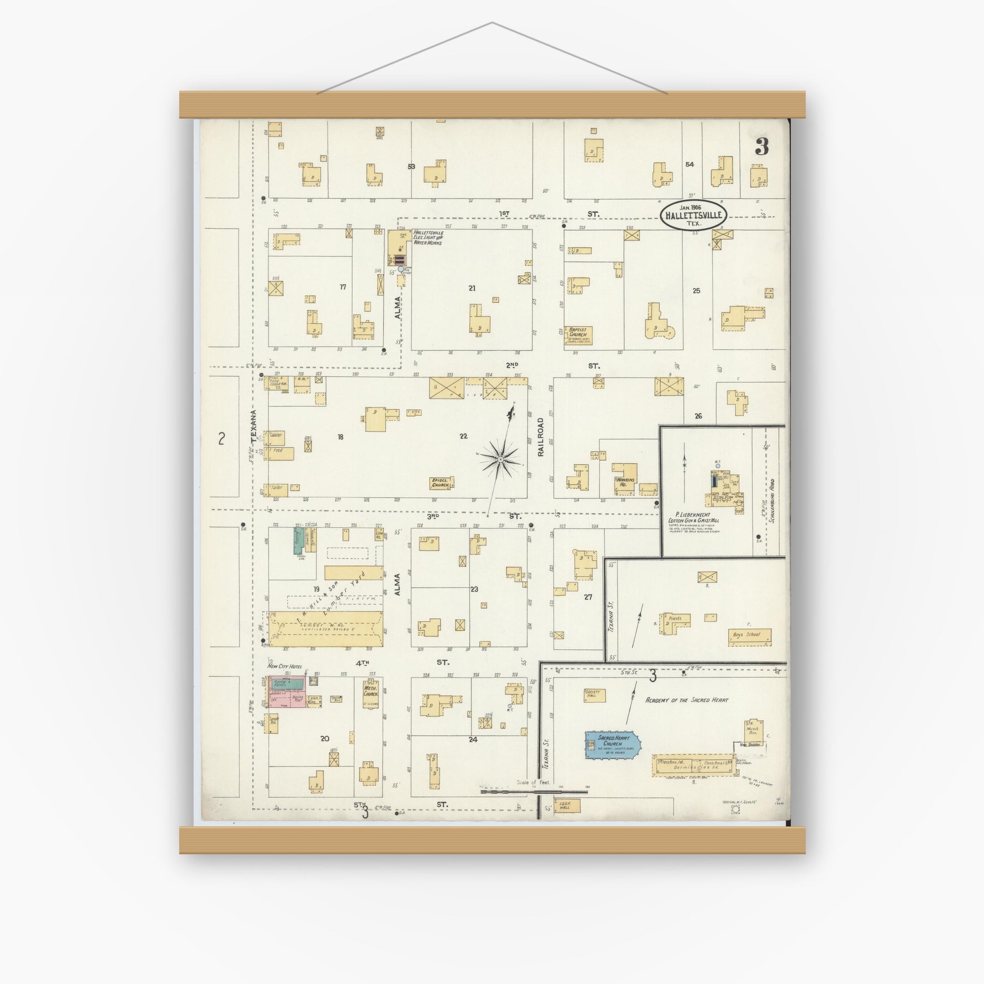 Old map wall art mockup — magnetic wood frame on white wall — Sanborn Fire Insurance Map from Hallettsville, Lavaca County, Texas (1906), Sheet #0003