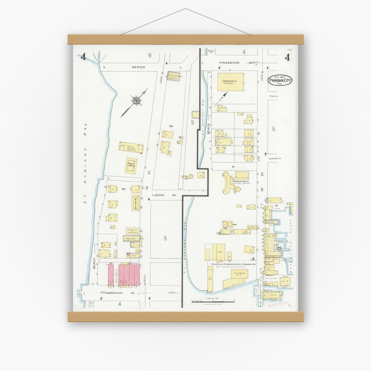Old map wall art mockup — magnetic wood frame on white wall — Sanborn Fire Insurance Map from Panama City, Bay County, Florida (1927), Sheet #0004
