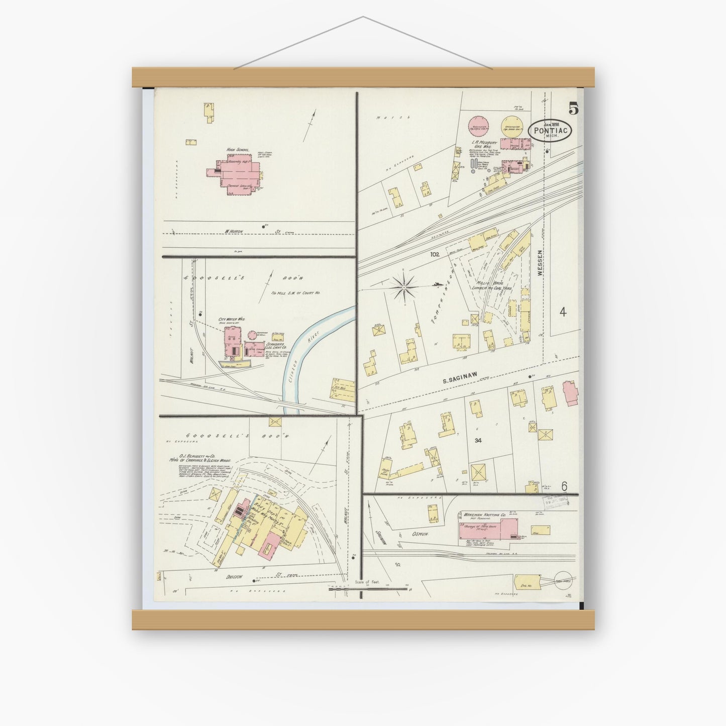 Old map wall art mockup — magnetic wood frame on white wall — Sanborn Fire Insurance Map from Pontiac, Oakland County, Michigan (1898), Sheet #0005