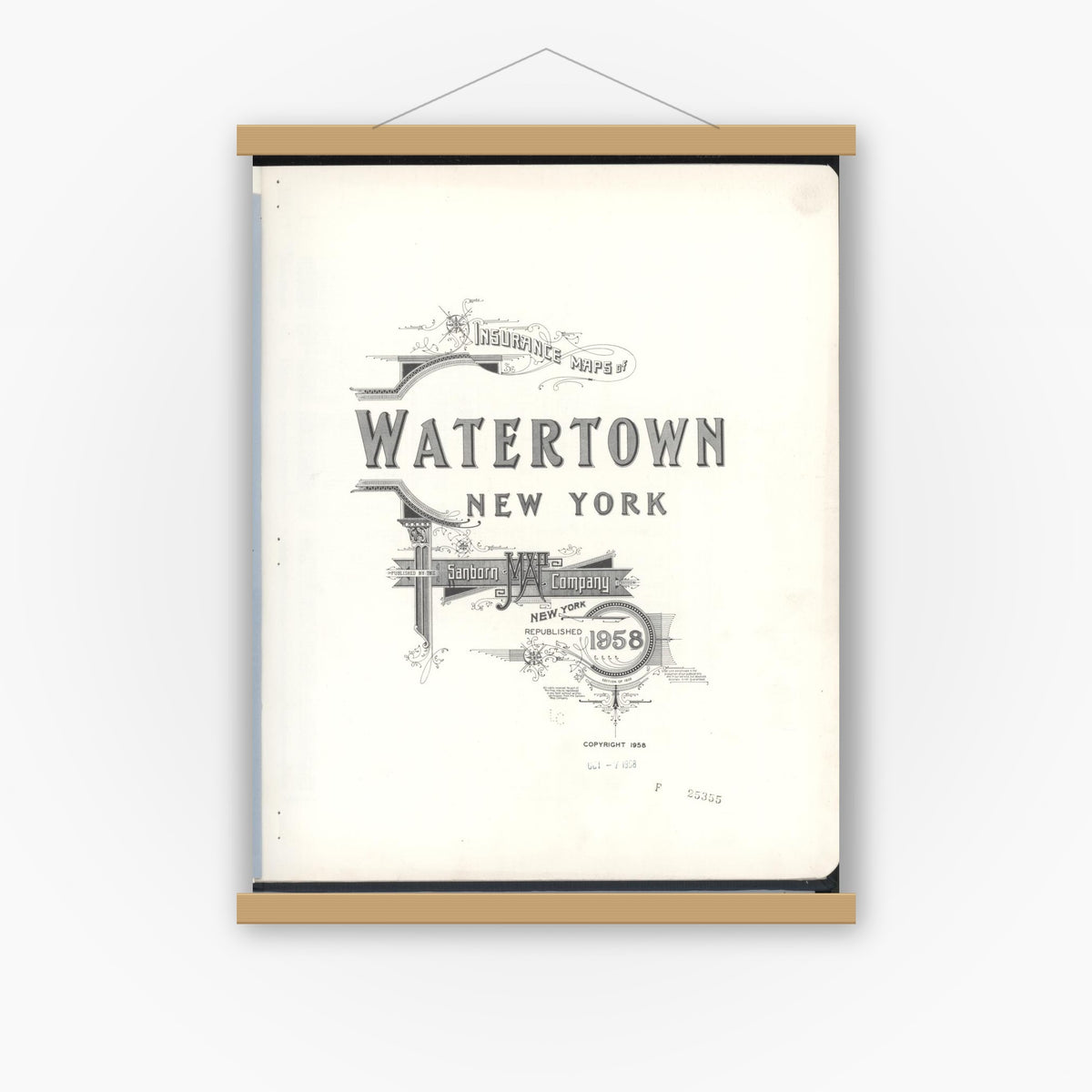 Old map wall art mockup — magnetic wood frame on white wall — Sanborn Fire Insurance Map from Watertown, Jefferson County, New York (1958), Sheet #0001