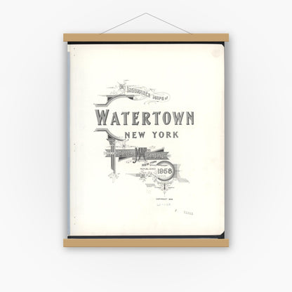 Old map wall art mockup — magnetic wood frame on white wall — Sanborn Fire Insurance Map from Watertown, Jefferson County, New York (1958), Sheet #0001