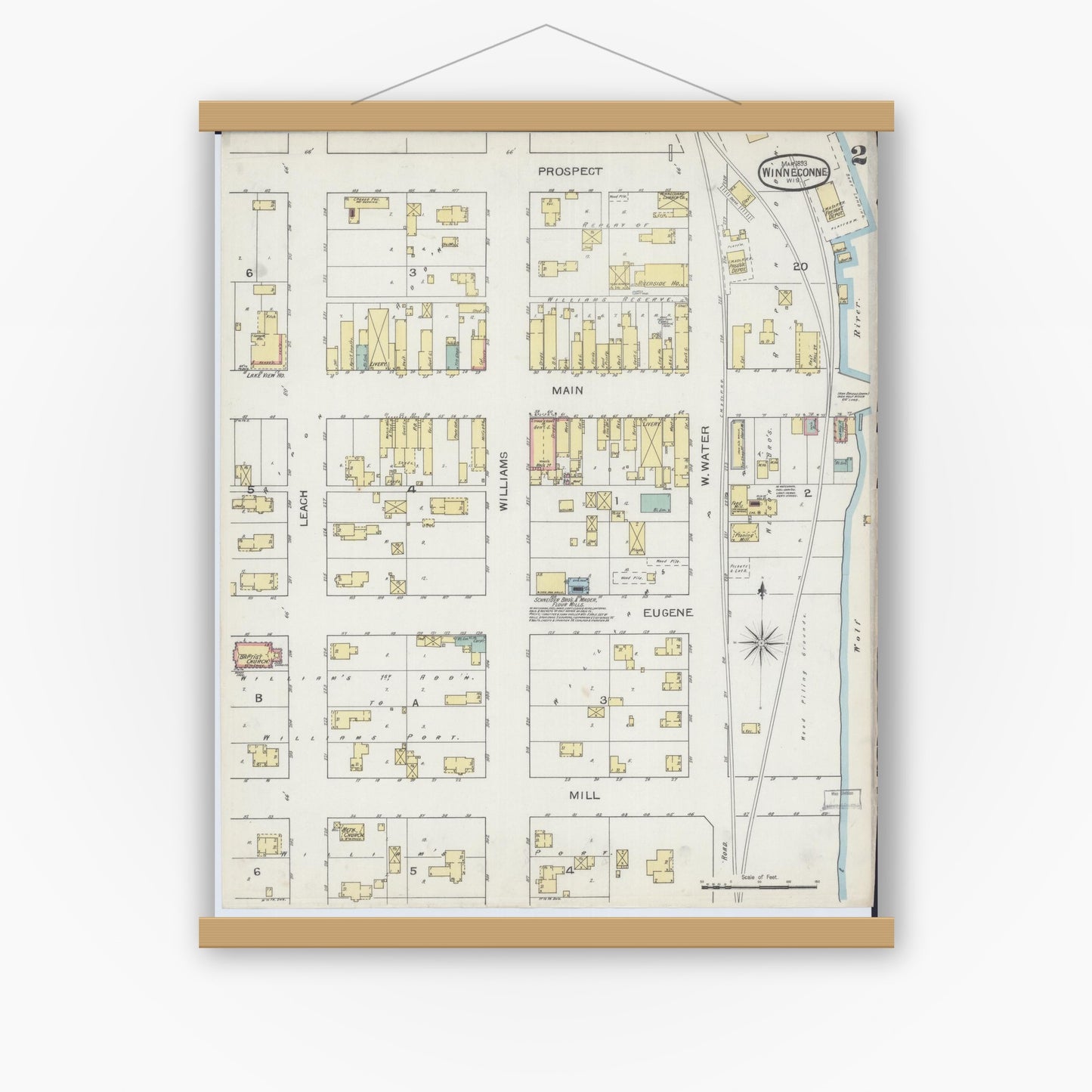 Old map wall art mockup — magnetic wood frame on white wall — Sanborn Fire Insurance Map from Winneconne, Winnebago County, Wisconsin (1893), Sheet #0002