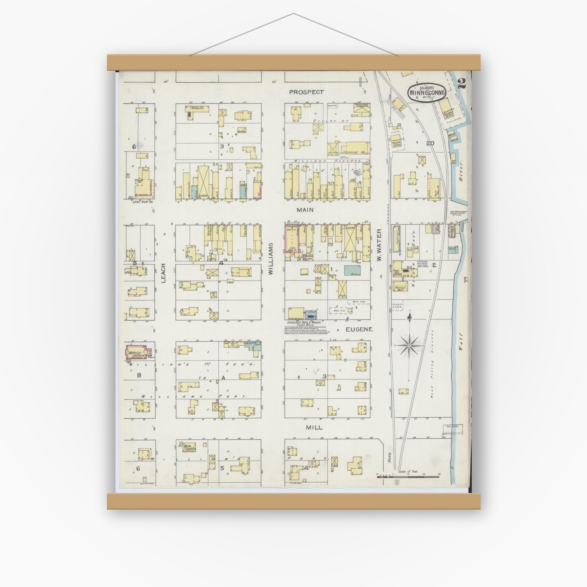 Old map wall art mockup — magnetic wood frame on white wall — Sanborn Fire Insurance Map from Winneconne, Winnebago County, Wisconsin (1893), Sheet #0002