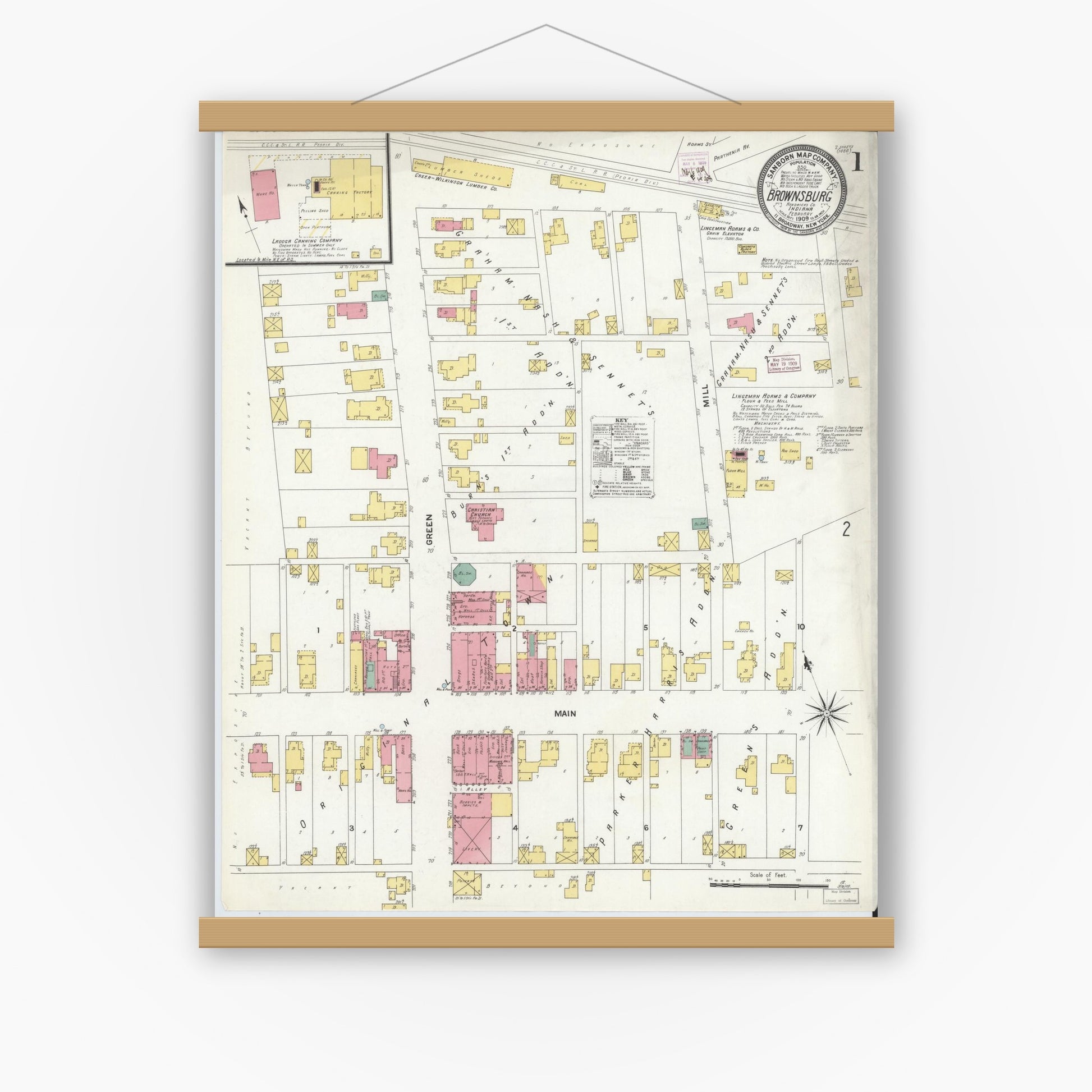 Old map wall art mockup — magnetic wood frame on white wall — Sanborn Fire Insurance Map from Brownsburg, Hendricks County, Indiana (1909), Sheet #0001