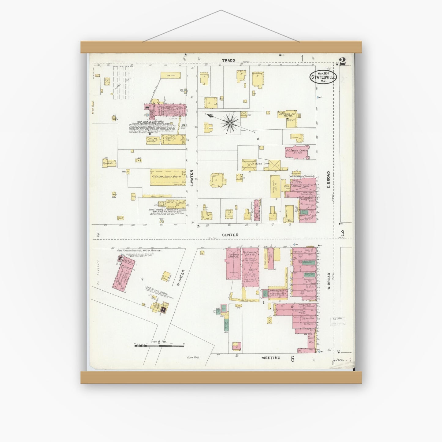 Old map wall art mockup — magnetic wood frame on white wall — Sanborn Fire Insurance Map from Statesville, Iredell County, North Carolina (1905), Sheet #0002