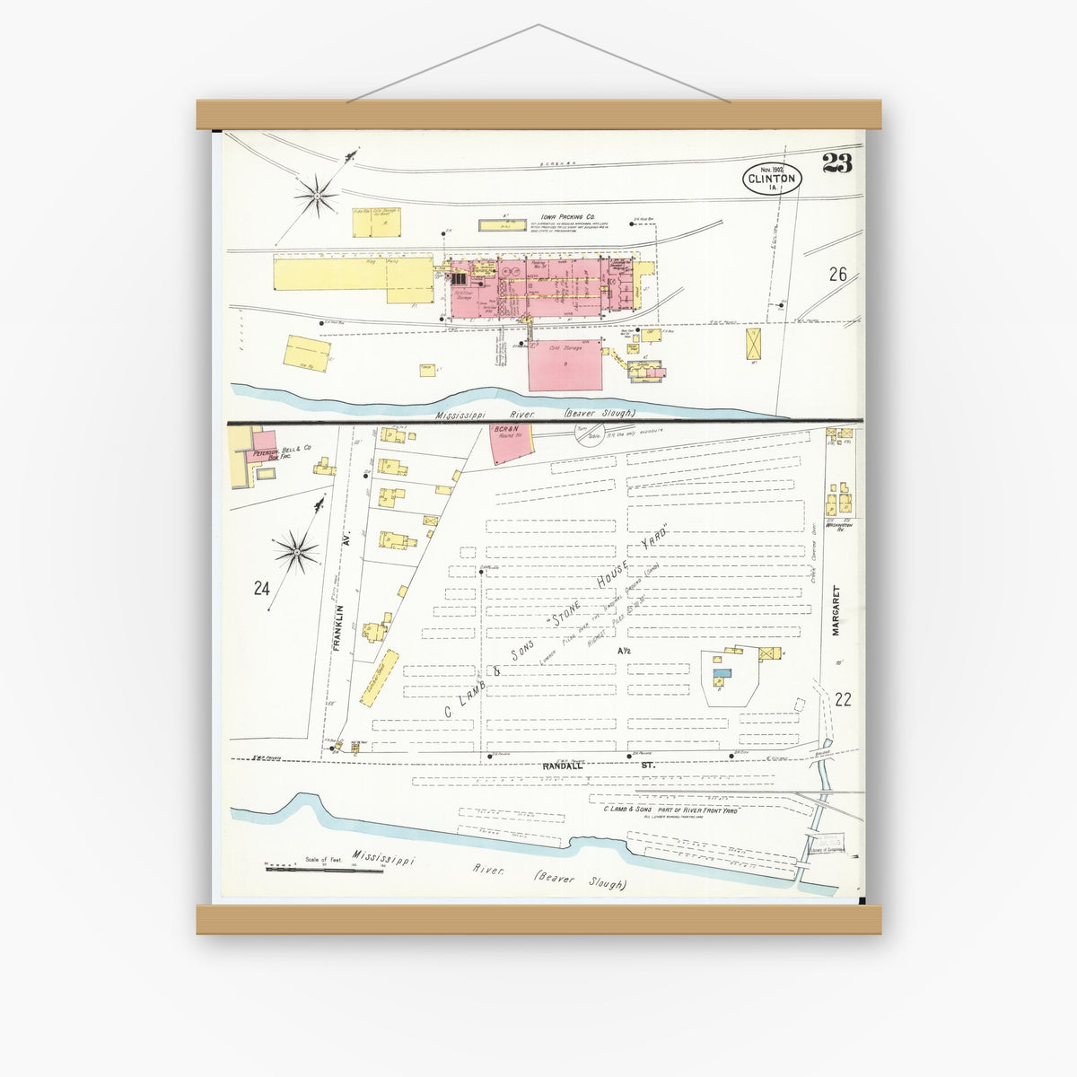 Old map wall art mockup — magnetic wood frame on white wall — Sanborn Fire Insurance Map from Clinton, Clinton County, Iowa (1902), Sheet #0023
